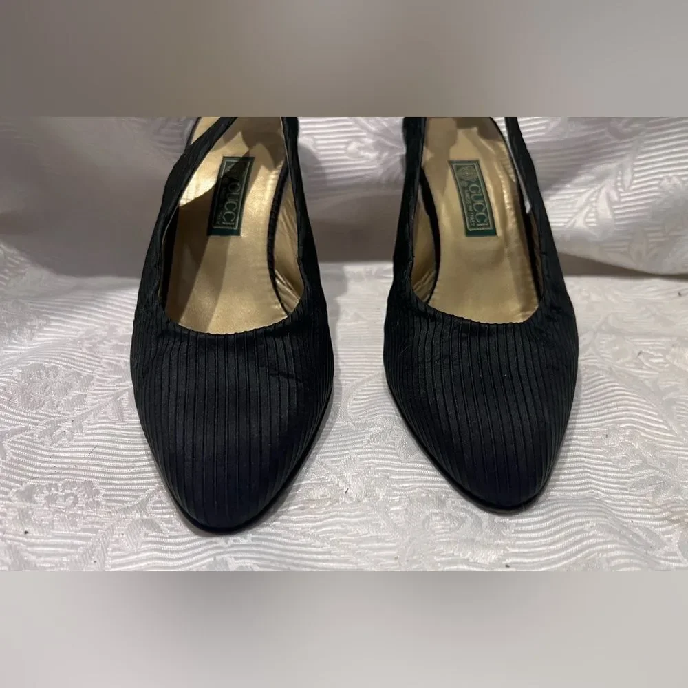 Gucci Black Fabric Covered Slingback Heels Bows On Back Shoes Sz US 6.5 EU 37.5 - Picture 4 of 10